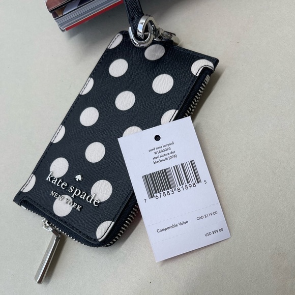(new+tag) Kate Spade polk dot lanyard ID / card case, zip up, cash slot black - Picture 4 of 10